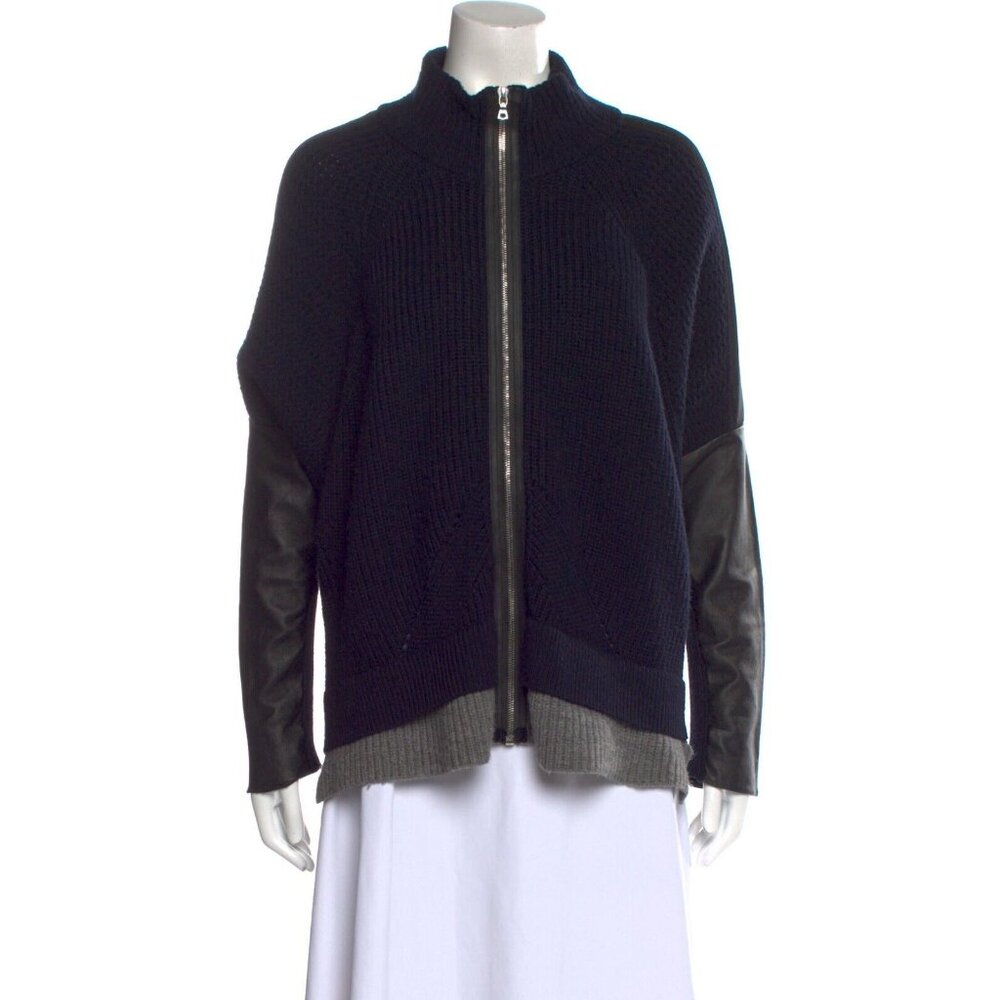 Yigal Azrouel Womens Jacket Blue Wool Lamb Leather Sleeve Sweater Size Small